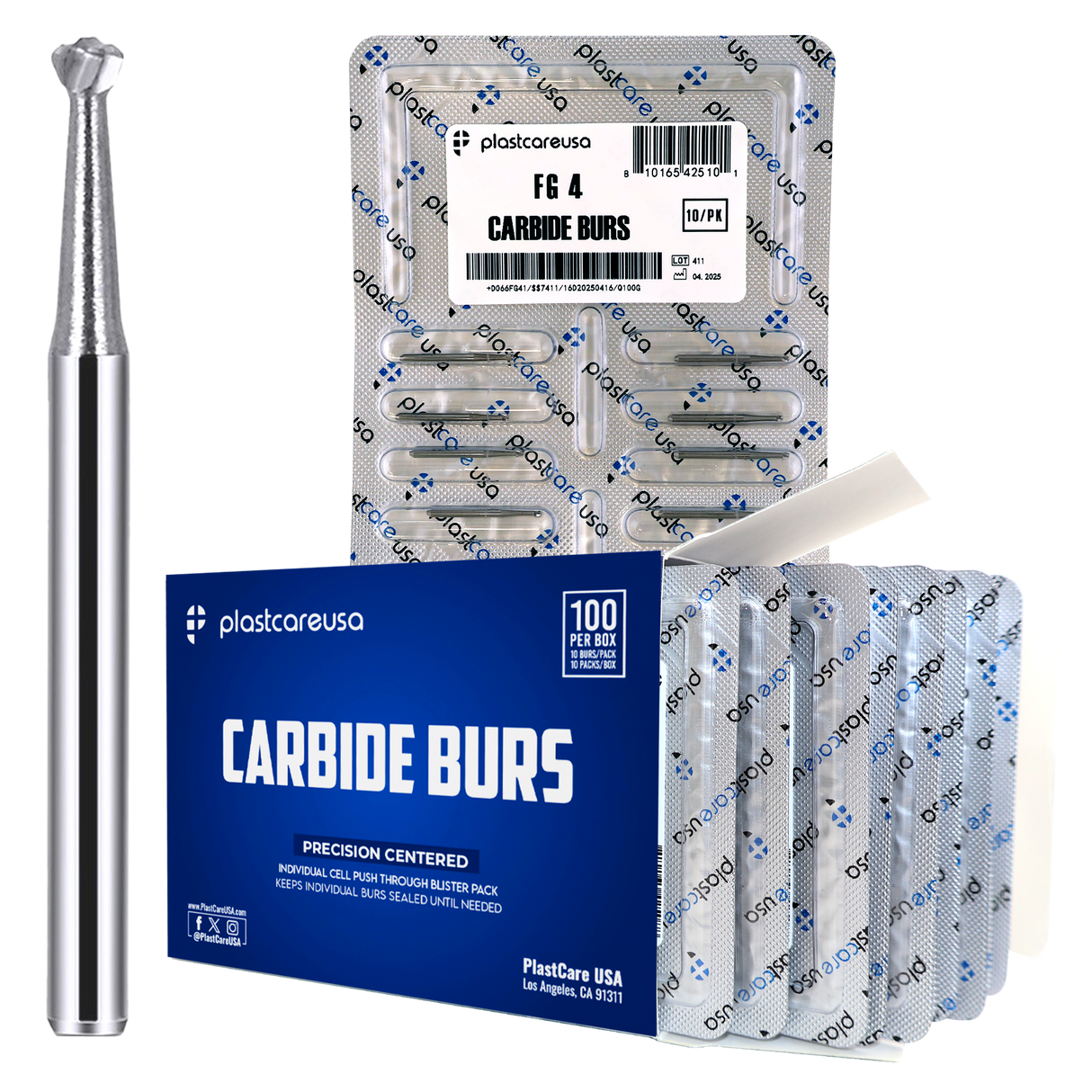 PlastCare USA FG 4 Round Clinical Length Carbide Burs - 100 Pack (10 Packs of 10) for High-Speed Handpieces