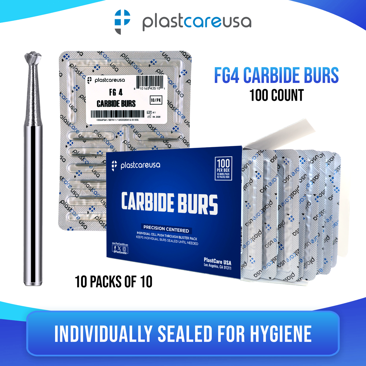 PlastCare USA FG 4 Round Clinical Length Carbide Burs - 100 Pack (10 Packs of 10) for High-Speed Handpieces