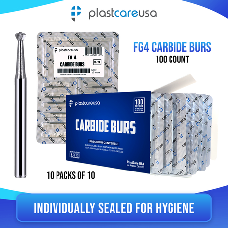 PlastCare USA FG 4 Round Clinical Length Carbide Burs - 100 Pack (10 Packs of 10) for High-Speed Handpieces
