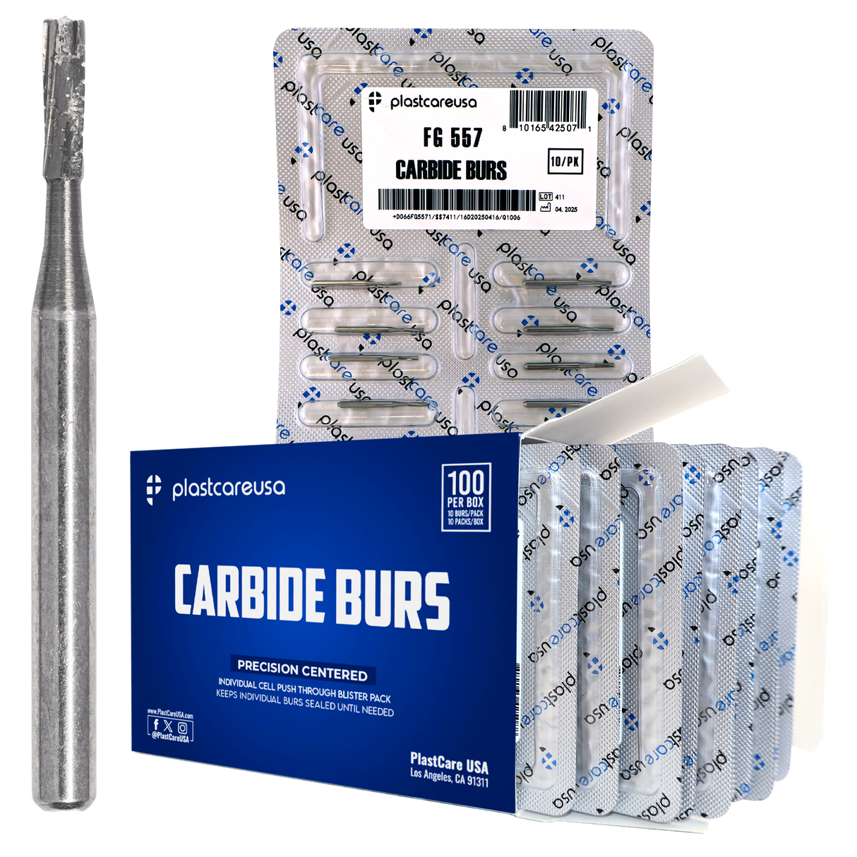 PlastCare USA 557 Carbide Burs FG - 100 Pack (10 Packs of 10) for High-Speed Handpieces