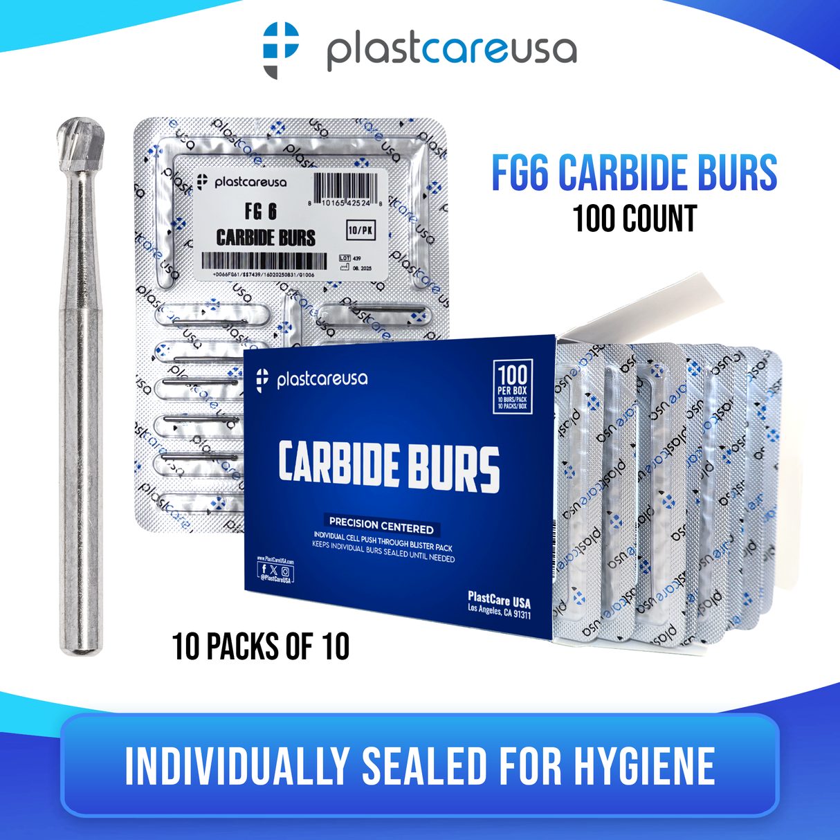 PlastCare USA FG 6 FG6 Round Clinical Length Carbide Burs - 100 Pack (10 Packs of 10) for High-Speed Handpieces - My DDS Supply