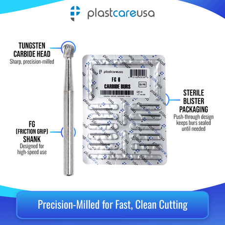 PlastCare USA FG 6 FG6 Round Clinical Length Carbide Burs - 100 Pack (10 Packs of 10) for High-Speed Handpieces - My DDS Supply