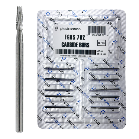PlastCare USA 702 Surgical FG Flat-End Taper Cross-Cut Fissure Carbide Burs – 100 Pack (10 Packs of 10) for High-Speed Handpieces - My DDS Supply