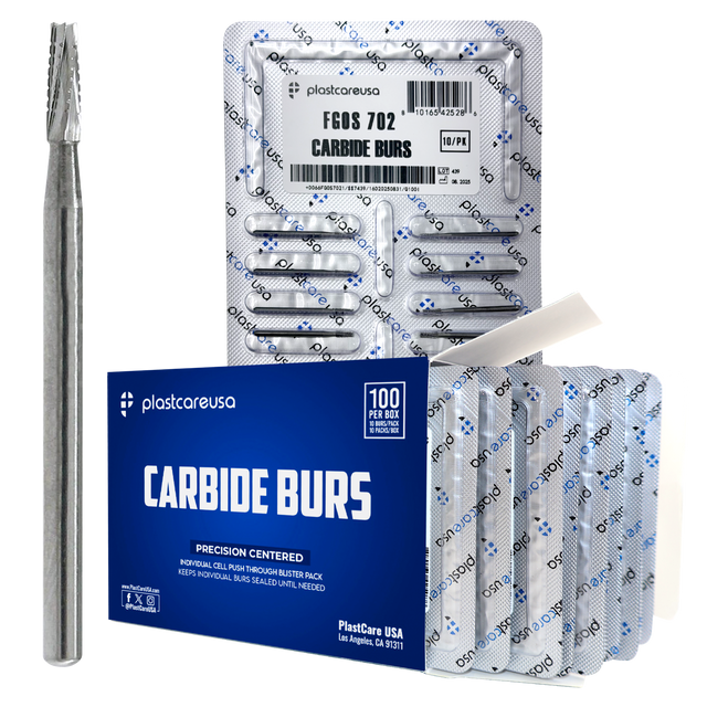 PlastCare USA 702 Surgical FG Flat-End Taper Cross-Cut Fissure Carbide Burs – 100 Pack (10 Packs of 10) for High-Speed Handpieces - My DDS Supply