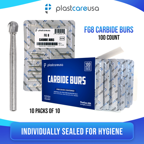 PlastCare USA FG 8 Round Clinical Length Carbide Burs - 100 Pack (10 Packs of 10) for High-Speed Handpieces