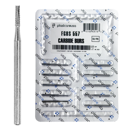 PlastCare USA 557 Surgical FG Straight Fissure Cross-Cut Carbide Burs – 100 Pack (10 Packs of 10) for High-Speed Handpieces - My DDS Supply