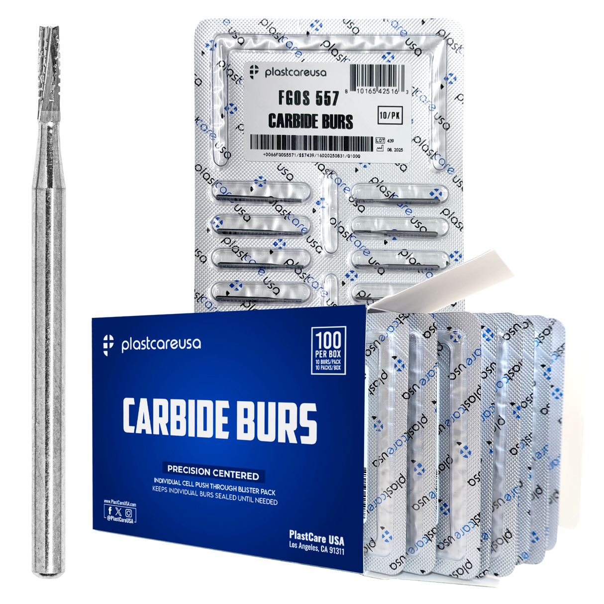 PlastCare USA 557 Surgical FG Straight Fissure Cross-Cut Carbide Burs – 100 Pack (10 Packs of 10) for High-Speed Handpieces - My DDS Supply