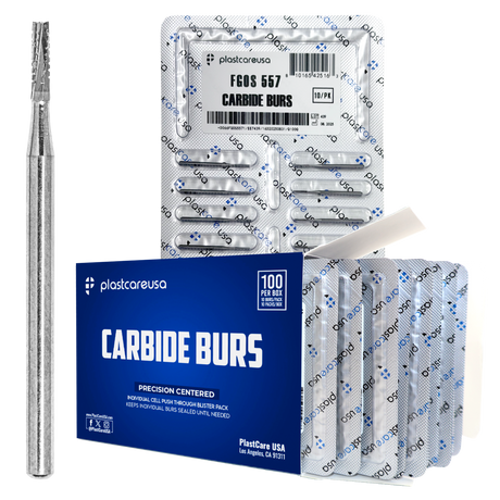 PlastCare USA 557 Surgical FG Straight Fissure Cross-Cut Carbide Burs – 100 Pack (10 Packs of 10) for High-Speed Handpieces - My DDS Supply