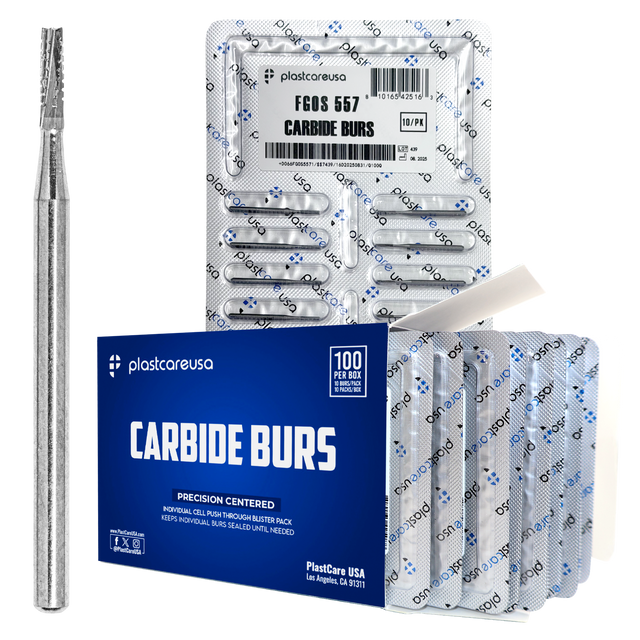 PlastCare USA 557 Surgical FG Straight Fissure Cross-Cut Carbide Burs – 100 Pack (10 Packs of 10) for High-Speed Handpieces - My DDS Supply