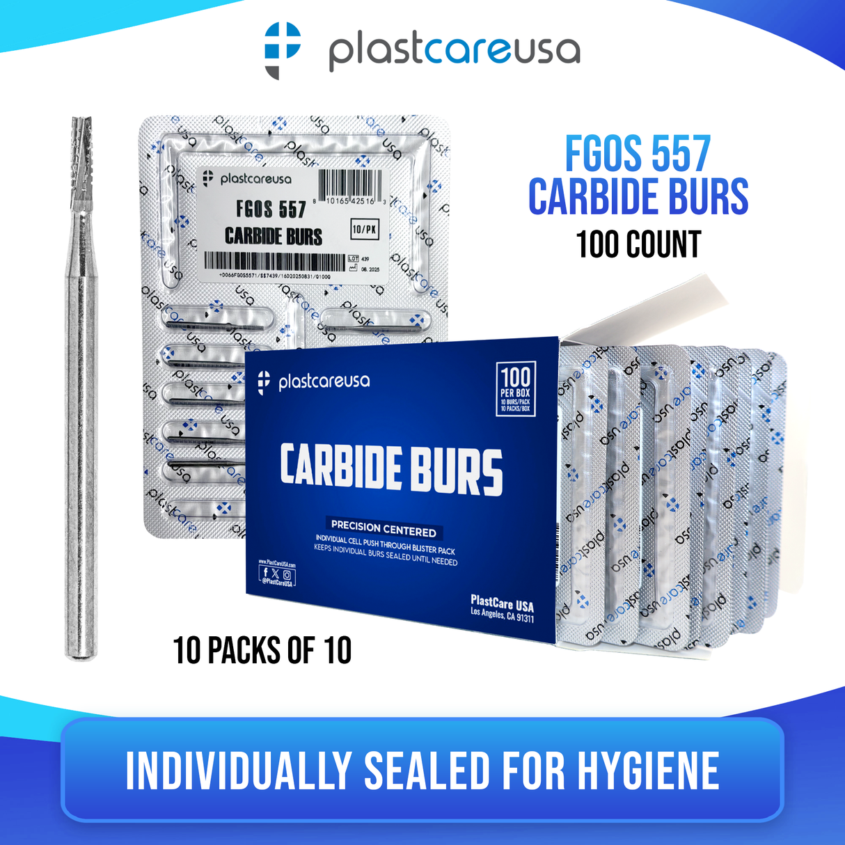 PlastCare USA 557 Surgical FG Straight Fissure Cross-Cut Carbide Burs – 100 Pack (10 Packs of 10) for High-Speed Handpieces - My DDS Supply