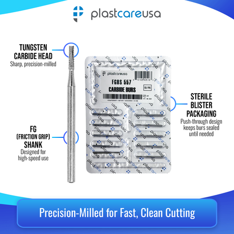 PlastCare USA 557 Surgical FG Straight Fissure Cross-Cut Carbide Burs – 100 Pack (10 Packs of 10) for High-Speed Handpieces - My DDS Supply