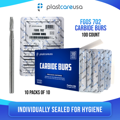 PlastCare USA 702 Surgical FG Flat-End Taper Cross-Cut Fissure Carbide Burs – 100 Pack (10 Packs of 10) for High-Speed Handpieces - My DDS Supply