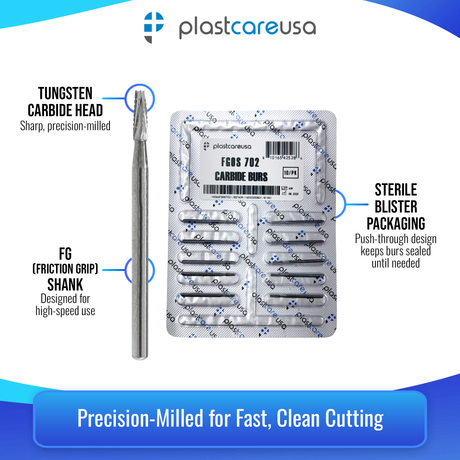 PlastCare USA 702 Surgical FG Flat-End Taper Cross-Cut Fissure Carbide Burs – 100 Pack (10 Packs of 10) for High-Speed Handpieces - My DDS Supply