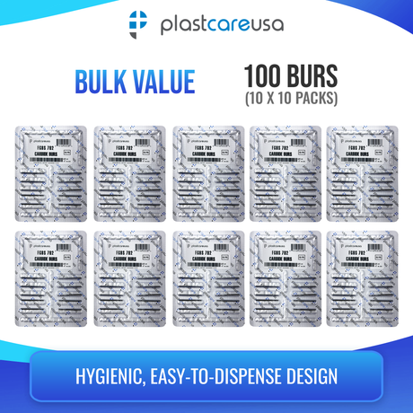 PlastCare USA 702 Surgical FG Flat-End Taper Cross-Cut Fissure Carbide Burs – 100 Pack (10 Packs of 10) for High-Speed Handpieces - My DDS Supply