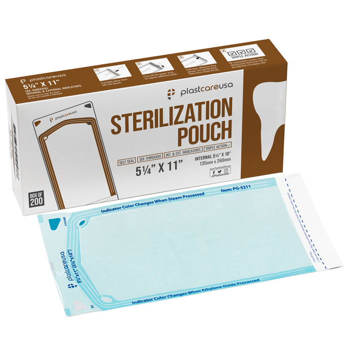 Worn Box-New 1000 5.25" x 10" Self-Sealing Sterilization Pouches by PlastCare USA (Warehouse Deal) - My DDS Supply