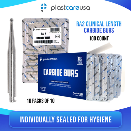 PlastCare USA RA 2 Carbide Burs - 100 Pack (10 Packs of 10) for Slow-Speed Handpieces