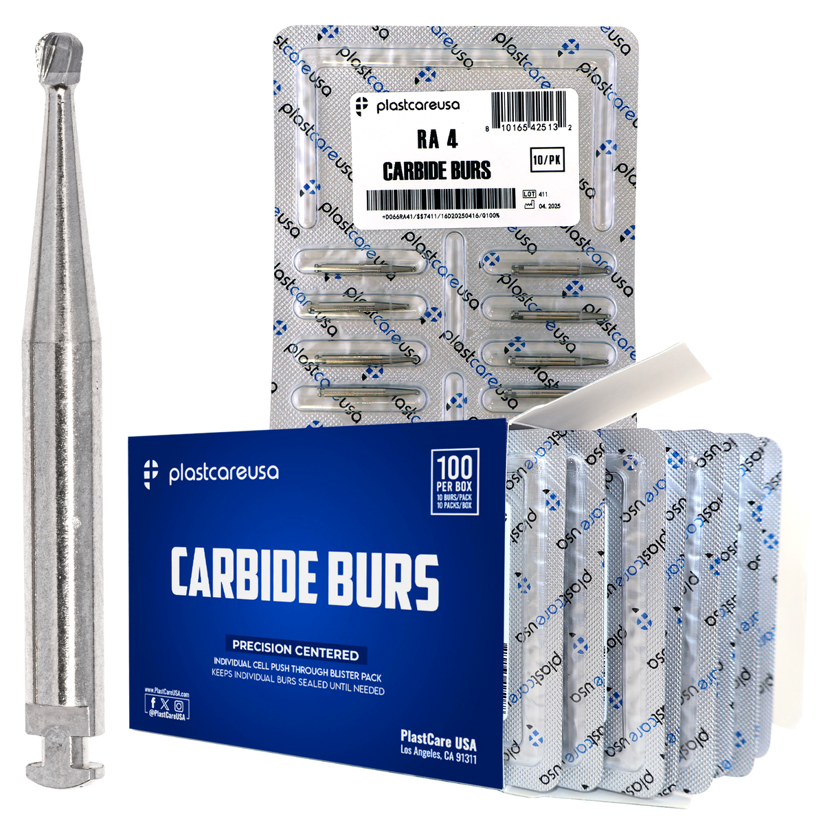 PlastCare USA RA 4 Carbide Burs - 100 Pack (10 Packs of 10) for Slow-Speed Handpieces