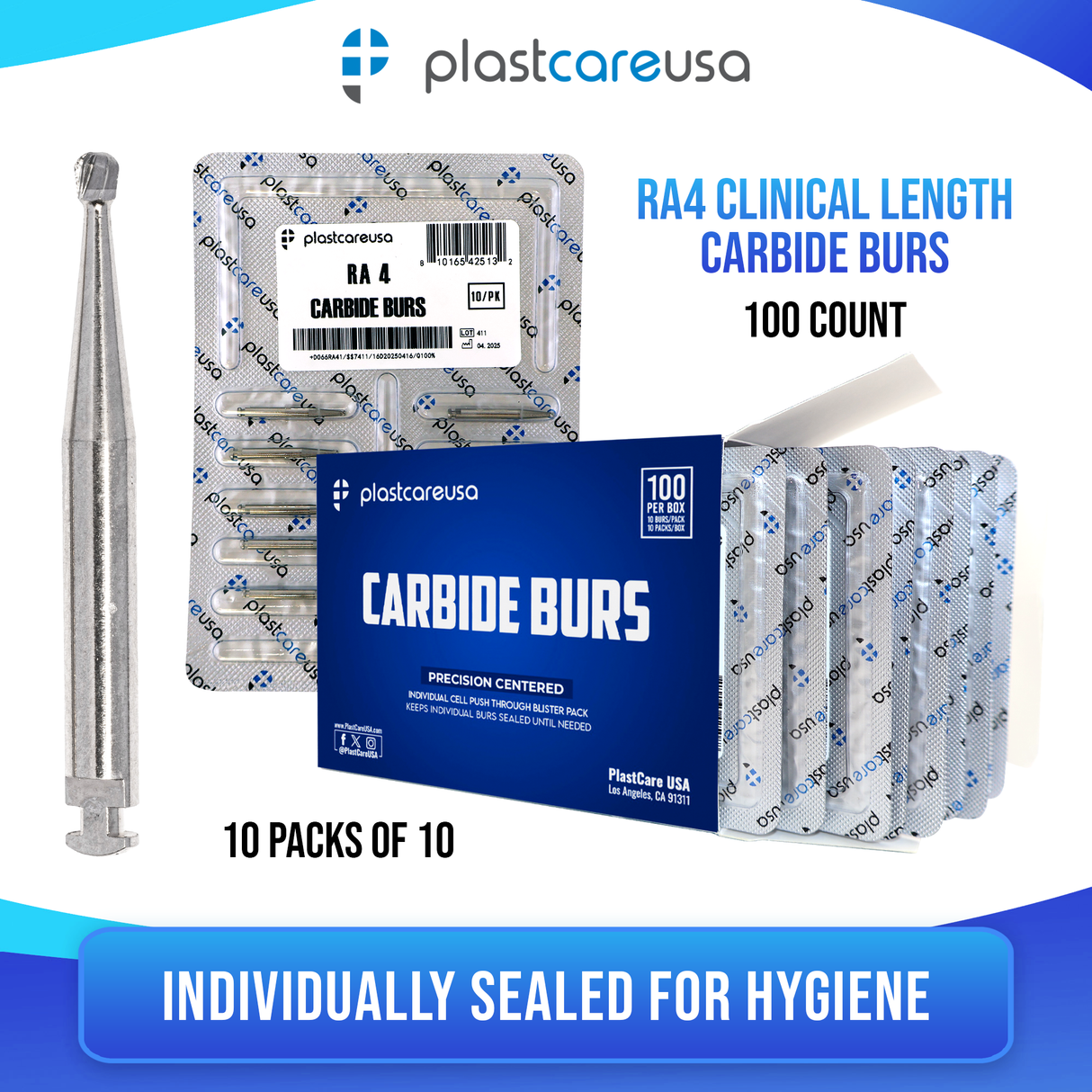 PlastCare USA RA 4 Carbide Burs - 100 Pack (10 Packs of 10) for Slow-Speed Handpieces