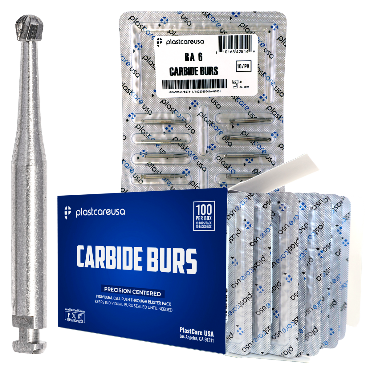PlastCare USA RA 6 Carbide Burs - 100 Pack (10 Packs of 10) for Slow-Speed Handpieces