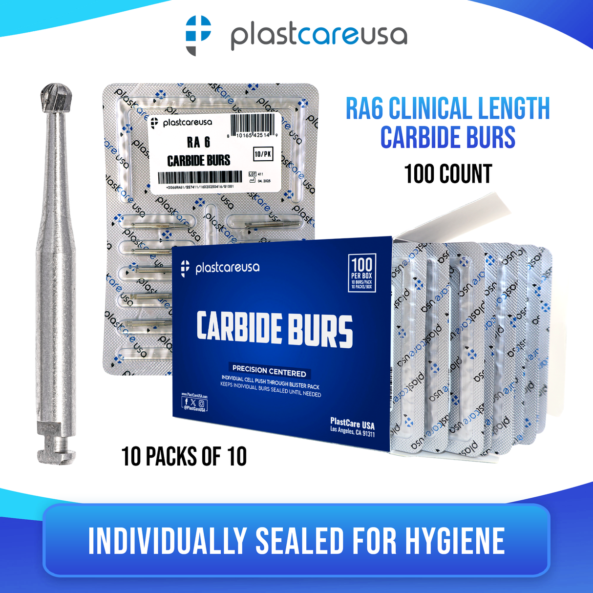 PlastCare USA RA 6 Carbide Burs - 100 Pack (10 Packs of 10) for Slow-Speed Handpieces
