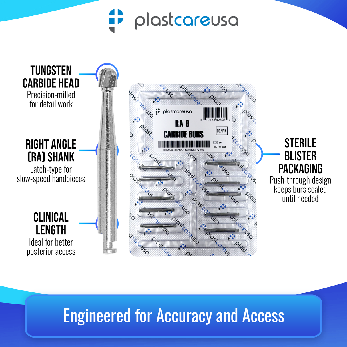 PlastCare USA RA 8 RA8 Carbide Burs - 100 Pack (10 Packs of 10) for Slow-Speed Handpieces - My DDS Supply