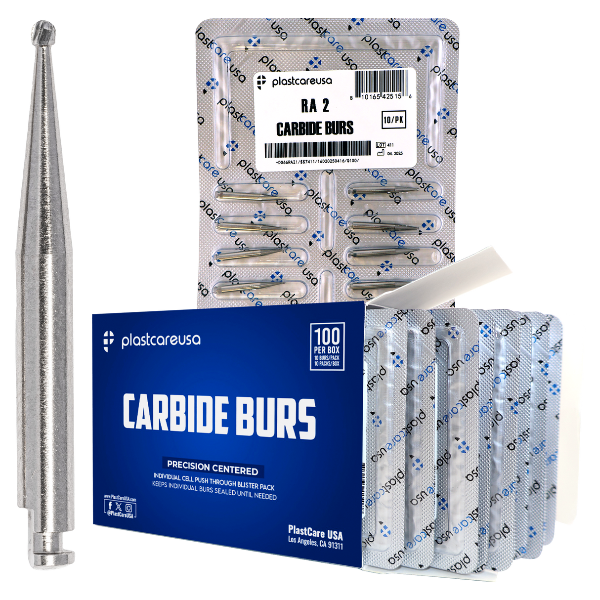 PlastCare USA RA 2 Carbide Burs - 100 Pack (10 Packs of 10) for Slow-Speed Handpieces