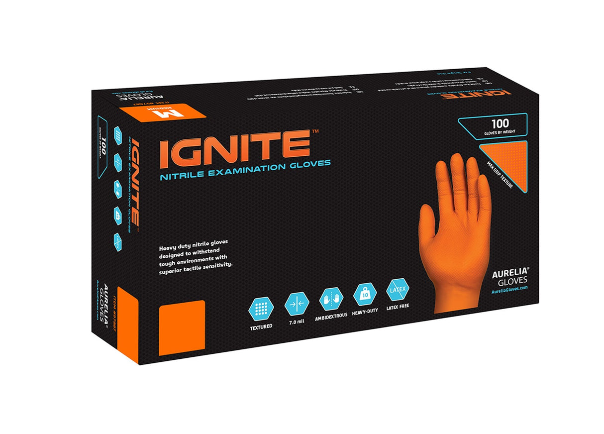 900 XL Extra Large Aurelia Ignite 7 mil Orange Heavy Duty Grip Diamond Texture Nitrile Gloves (10 Boxes of 100)