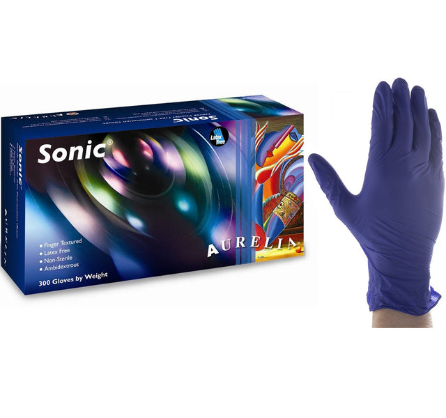 Aurelia Sonic-300 indigo blue nitrile gloves with finger textured finish