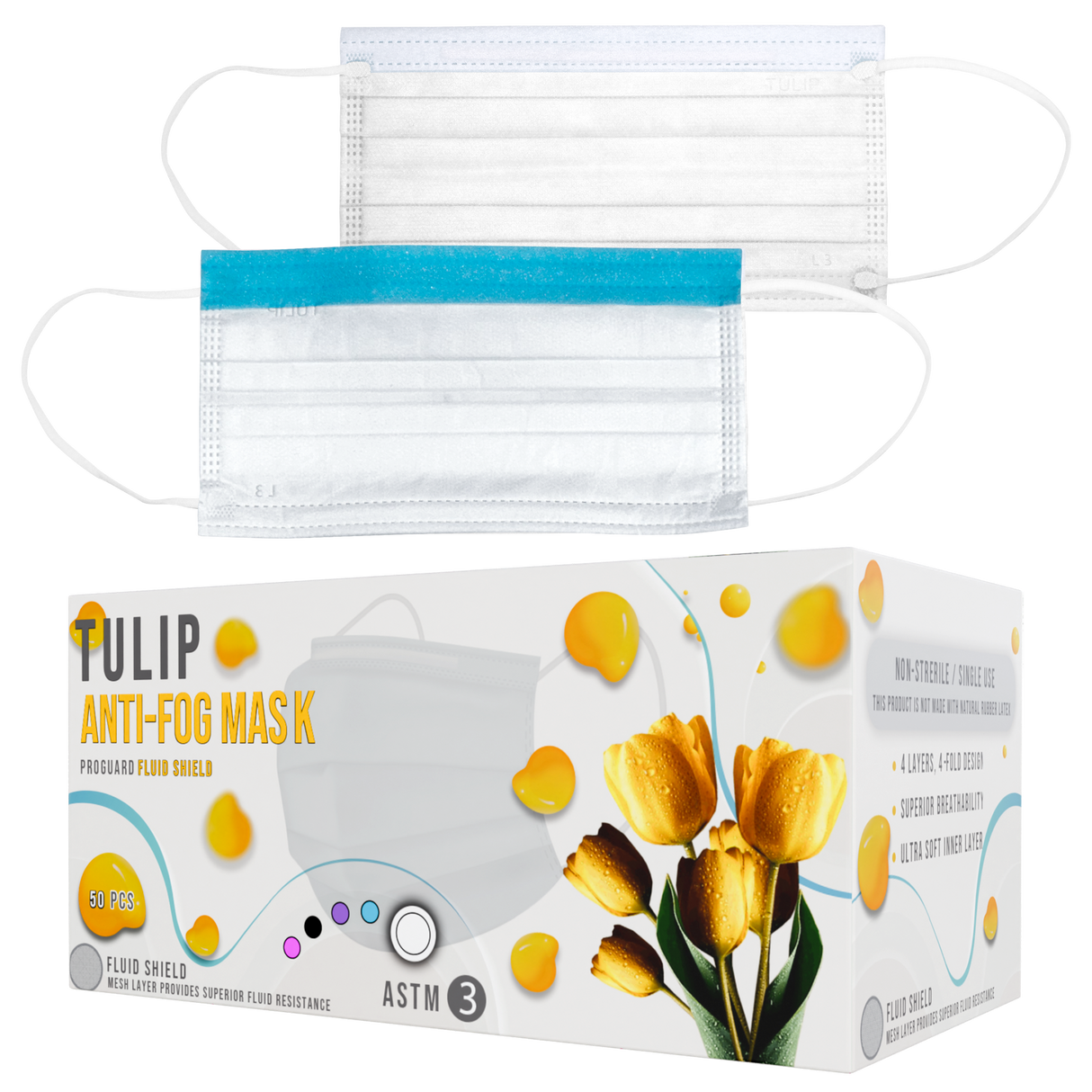 40 White Fluid Shield ASTM Level 3 Masks 4-Layer w/ Anti Fog Strip