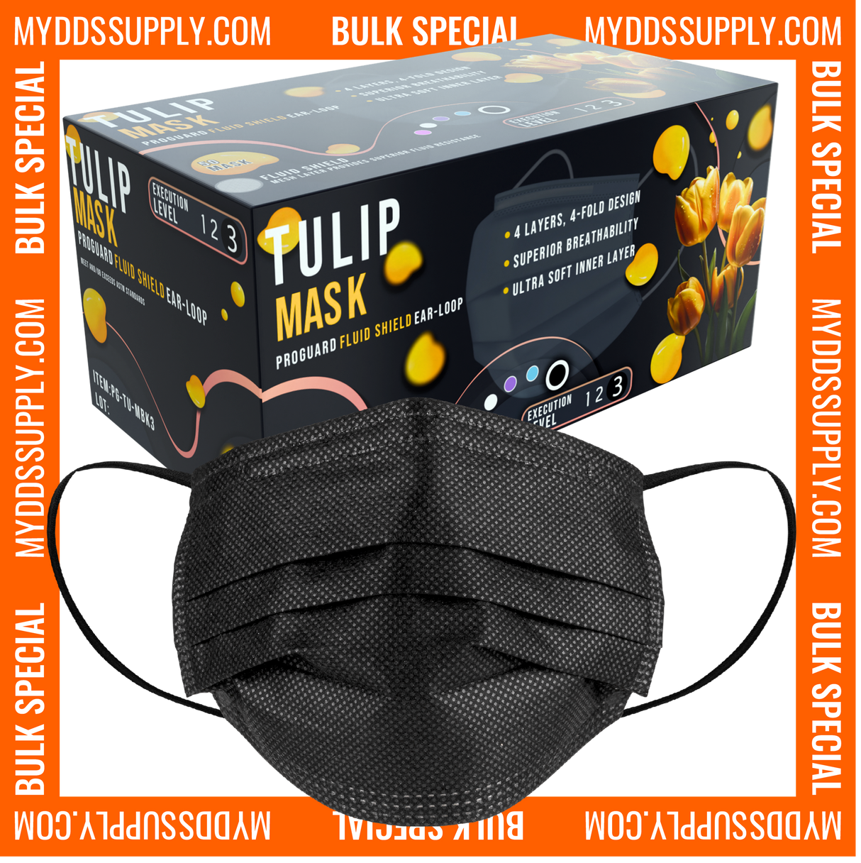 1000 TULIP 4-Ply ASTM Level 3 Black Surgical Masks (20 Boxes of 50) *Bulk Special*