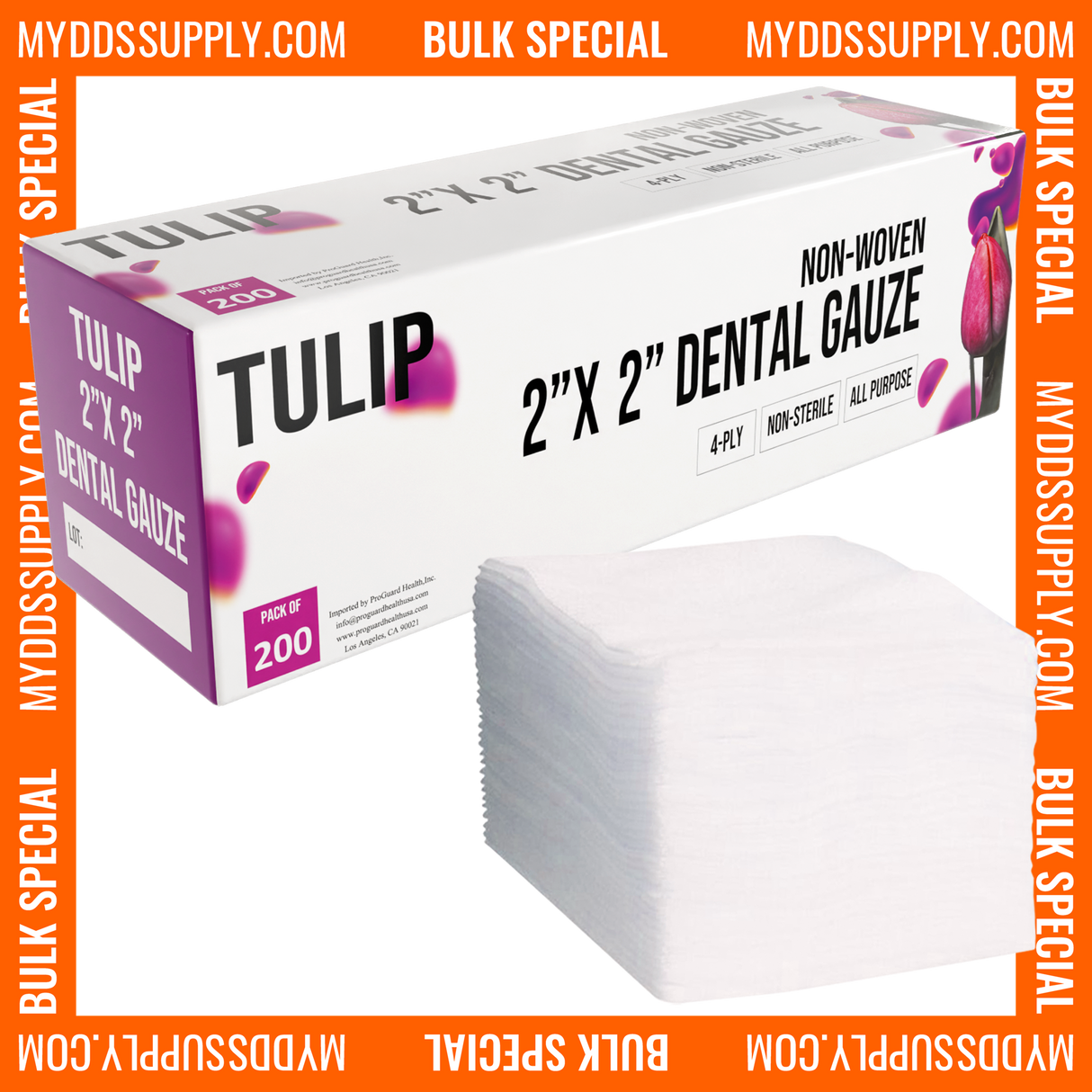 10,000 TULIP 2x2 4-Ply Non-Sterile Non-Woven Dental Gauze Sponges