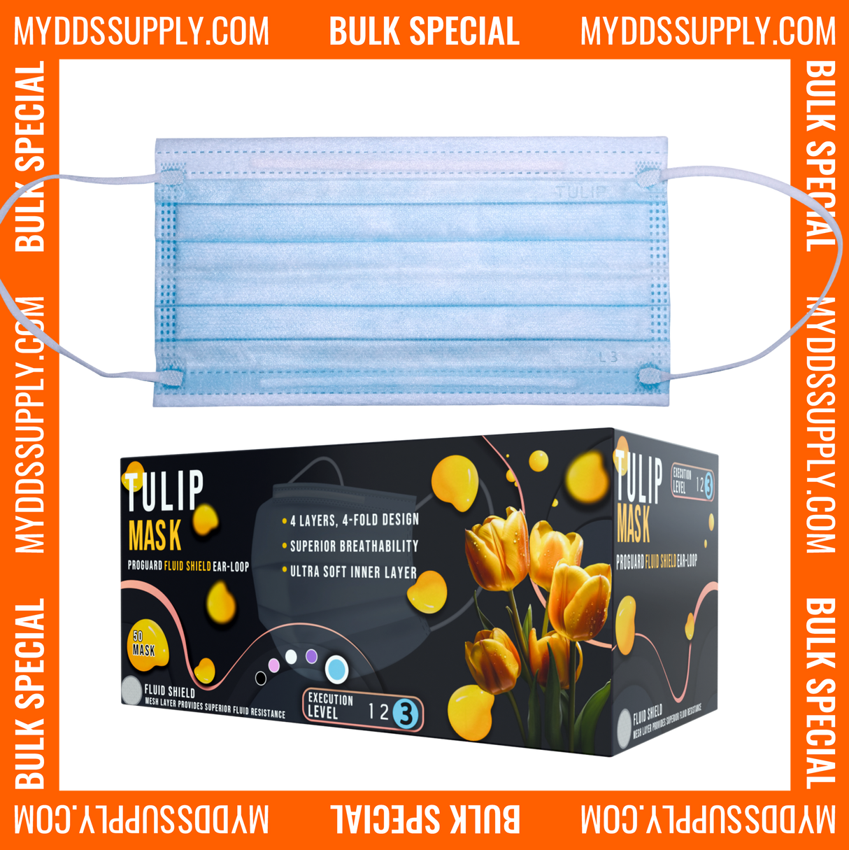 1000 TULIP 4-Ply ASTM Level 3 Blue Surgical Masks (20 Boxes of 50) *Bulk Special*