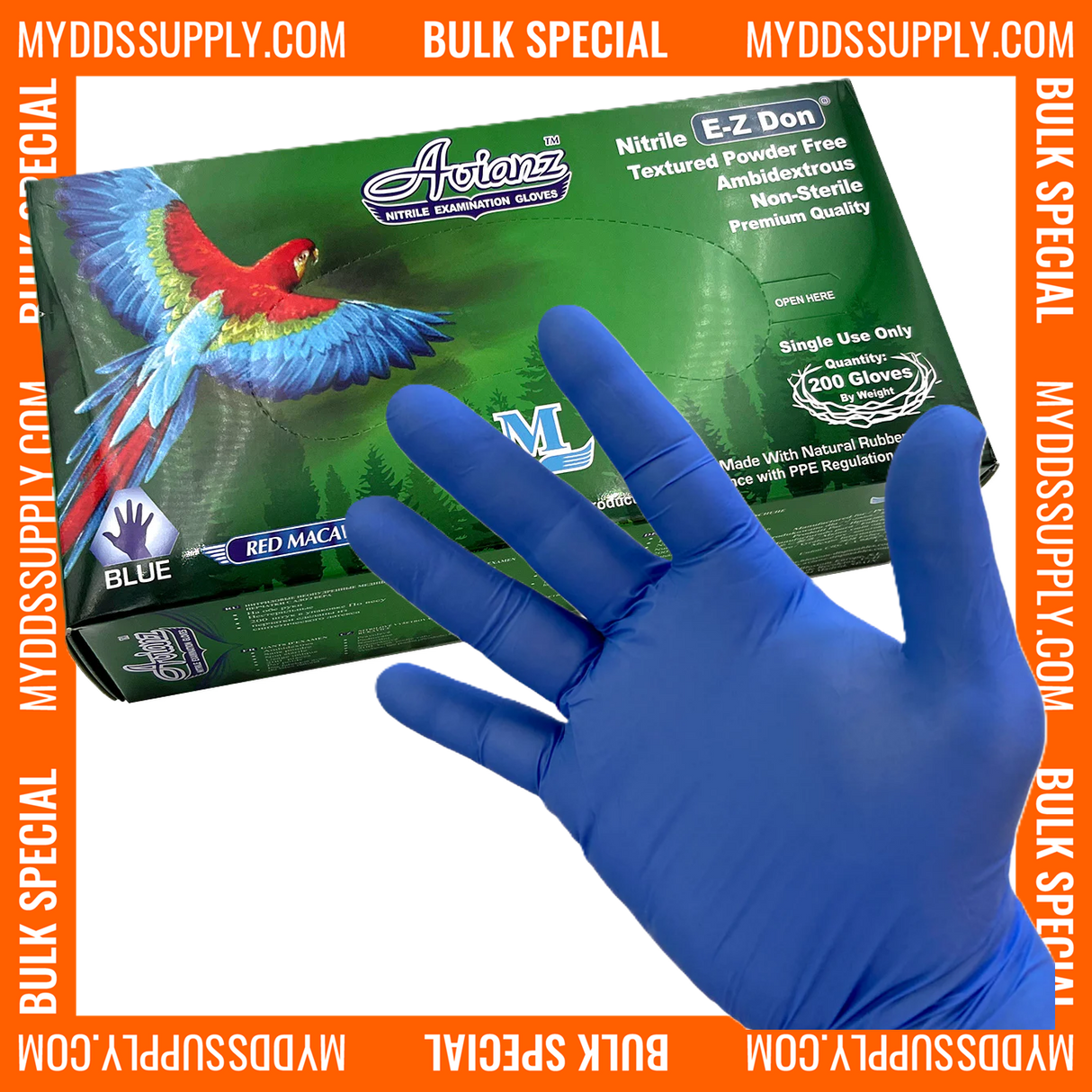 10,000 Medium Blossom Avianz E-Z Don Blue Nitrile Powder Free Examination Gloves (50 Boxes) *Bulk Special*