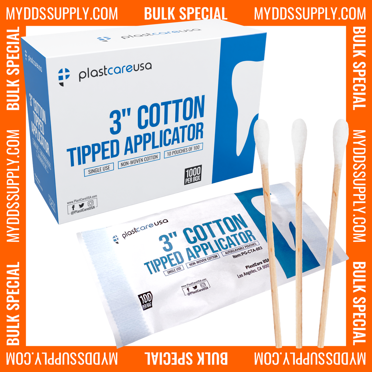 10,000 3" Cotton Tip Applicators by PlastCare USA - (100 Packs of 100) *Bulk Special*