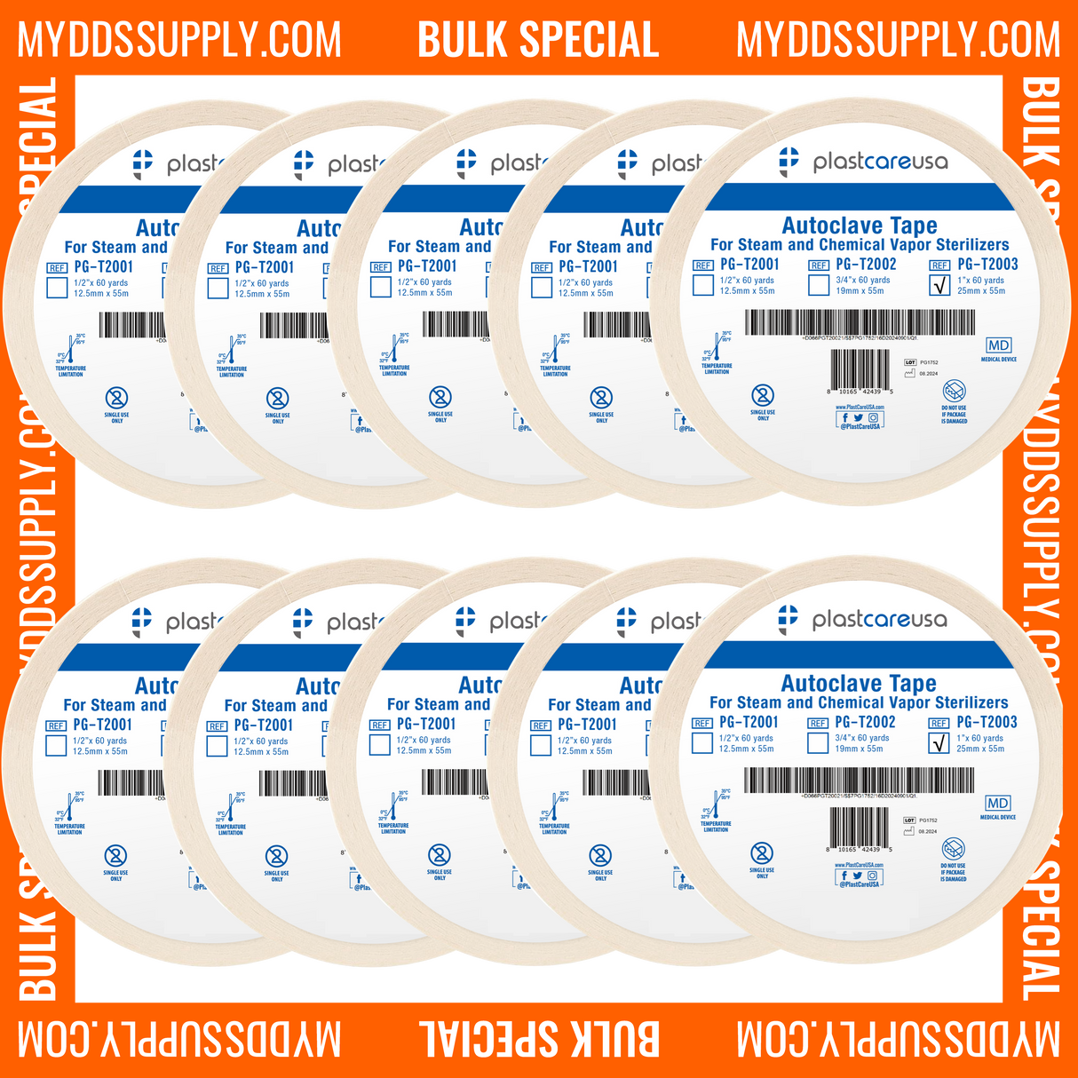 10 Rolls Autoclave Tape 1" x 60 Yards, Sterilization Indicator Tape for Steam and Chemical Vapor Sterilizers *Bulk Special*