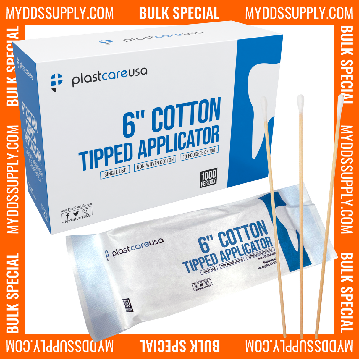 10,000 6" Cotton Tip Applicators by PlastCare USA - (100 Packs of 100) *Bulk Special*