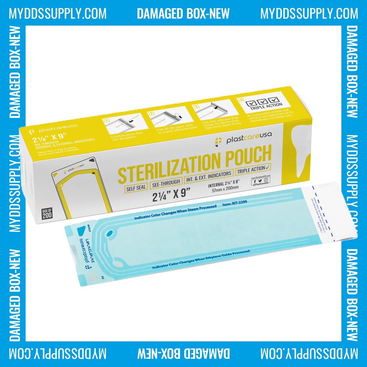 Worn Box-New 1000 2.25" x 9" Self-Sealing Sterilization Pouches by PlastCare USA