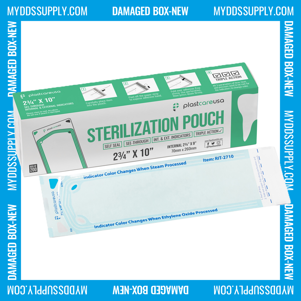 Worn Box-New 1000 2.75" x 10" Self-Sealing Sterilization Pouches by PlastCare USA