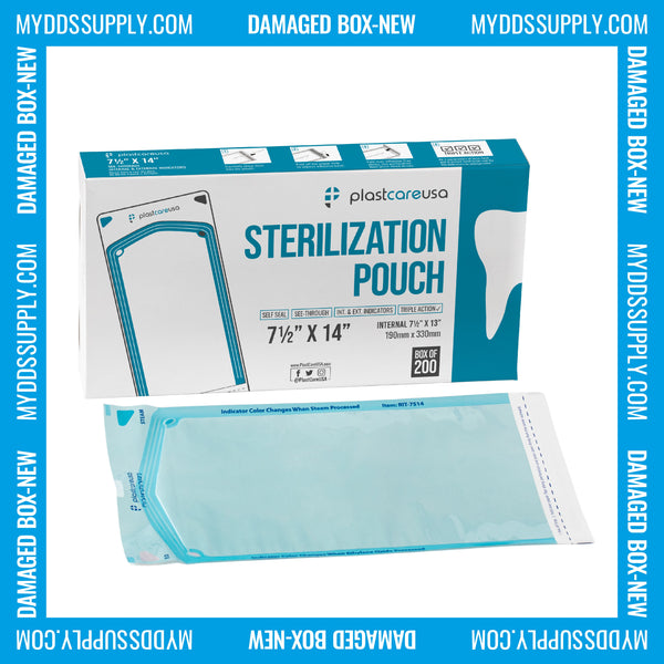 Worn Box-New - 1000 7.5" x 13" Self-Sealing Sterilization Pouches by PlastCare USA (Warehouse Deal) - My DDS Supply