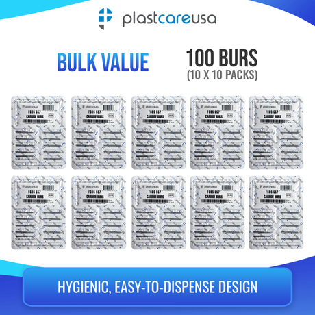 PlastCare USA 557 Surgical FG Straight Fissure Cross-Cut Carbide Burs – 100 Pack (10 Packs of 10) for High-Speed Handpieces - My DDS Supply