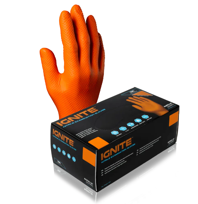 900 XXL Aurelia Ignite 7 mil Orange Heavy Duty Grip Diamond Texture Nitrile Gloves (10 Boxes of 90)