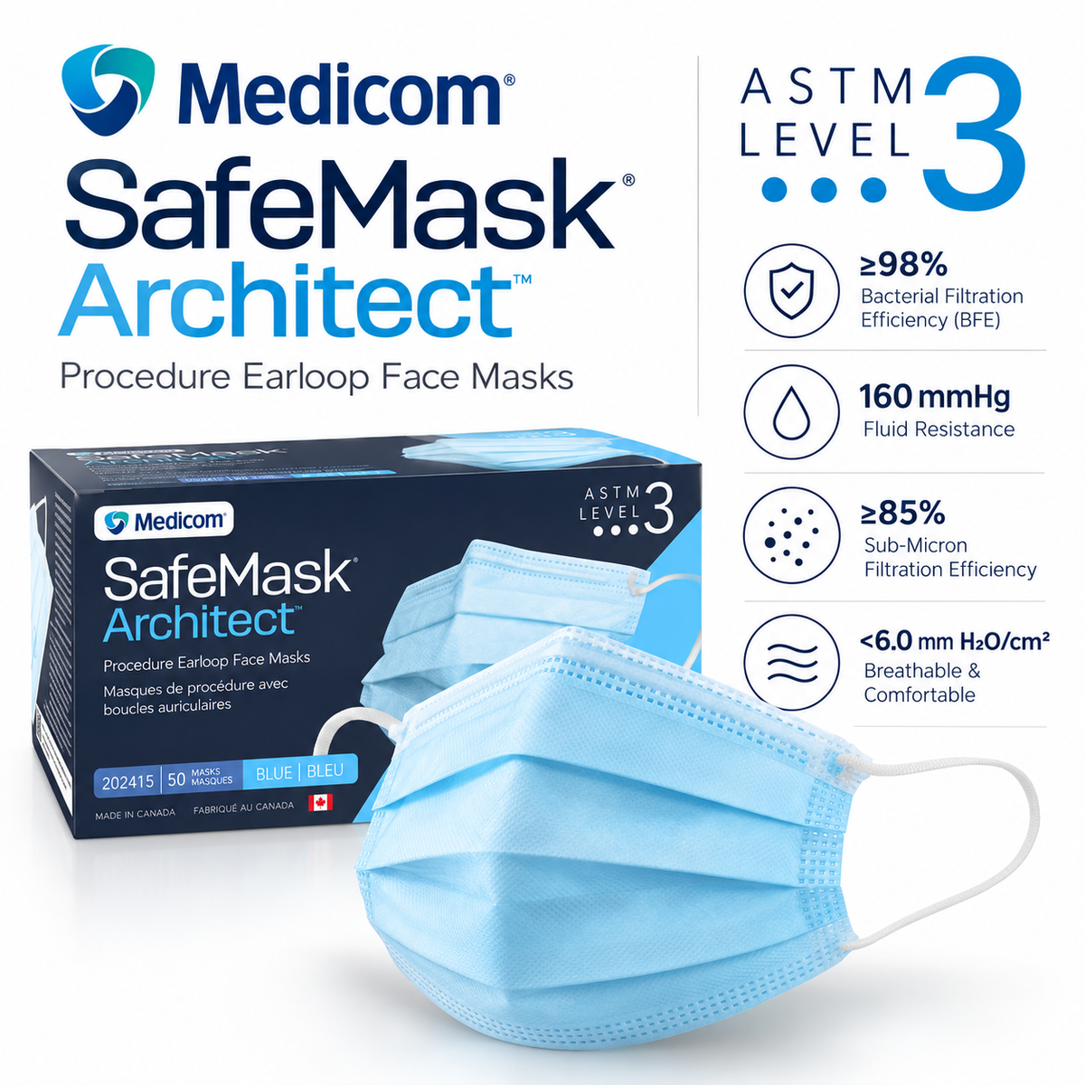 500 Medicom SafeMask Architect ASTM Level 3 Procedure Face Masks – Blue, 50/Box