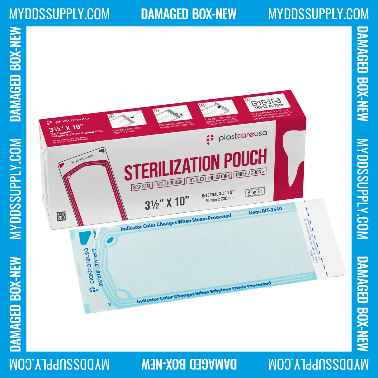 Worn Box-New 1000 3.5" x 10" Self-Sealing Sterilization Pouches by PlastCare USA (Warehouse Deal) - My DDS Supply