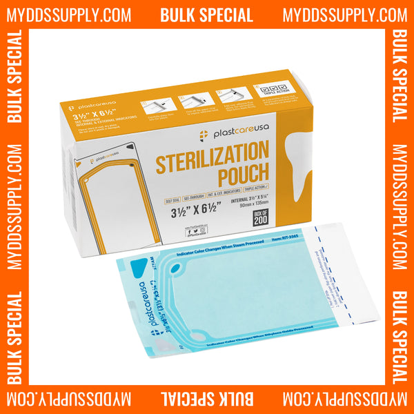 10,000 3.5" x 5.25" Self-Sealing Sterilization Pouches for Autoclave by PlastCare USA *Bulk Special* - My DDS Supply