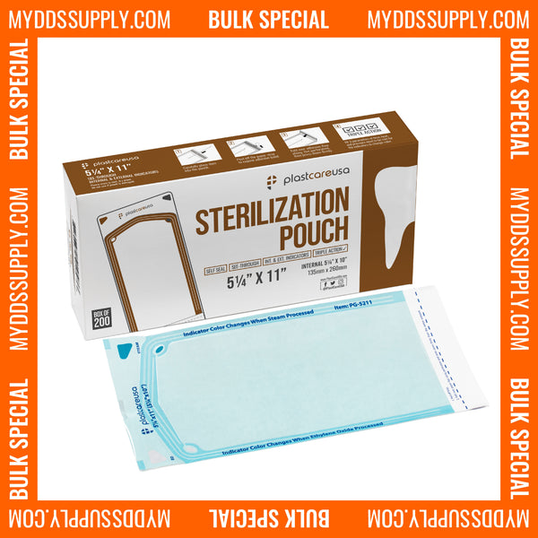 10,000 5.25" x 10" Self-Sealing Sterilization Pouches for Autoclave by PlastCare USA *Bulk Special* - My DDS Supply