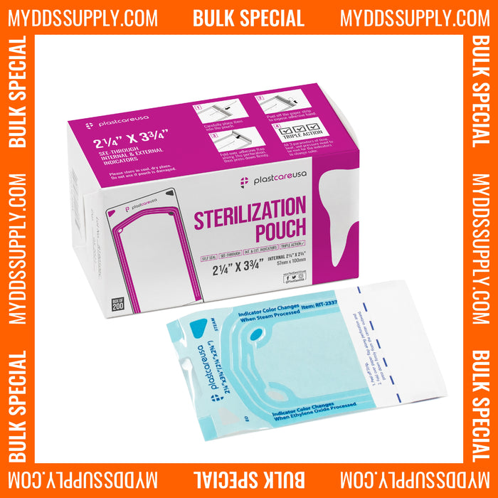 10,000 2.25" x 2.75" Self-Sealing Sterilization Pouches for Autoclave by PlastCare USA *Bulk Special* - My DDS Supply