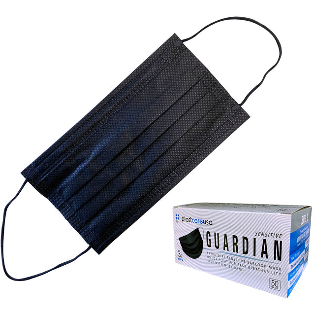 Black 4-ply ASTM Level 3 masks with maximum fluid resistance