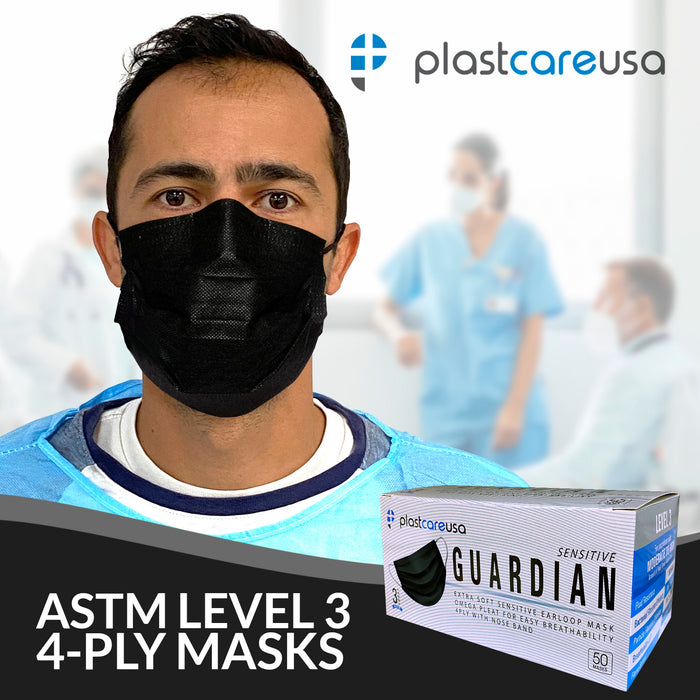 Black 4-Ply ASTM Level 3 Surgical Masks Box of 50 by PlastCare USA - My DDS Supply