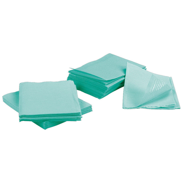 Absorbent green dental bib towels, 13 x 18 in