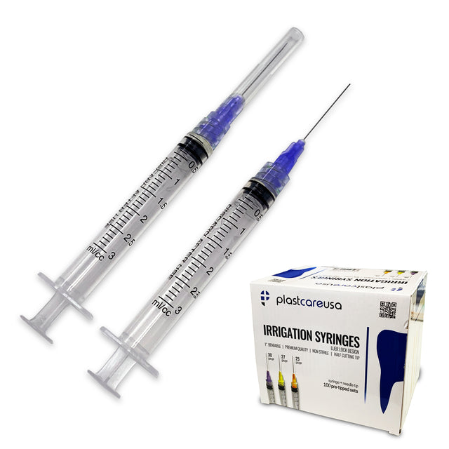 Bulk purple 30 gauge luer lock irrigation syringes and tips